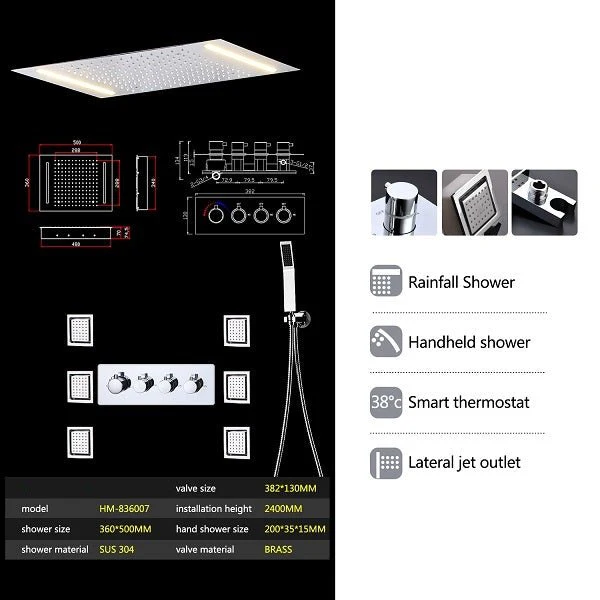 14"x20" Recessed White LED Shower System With 3-Way Thermostatic Valve - Image 4