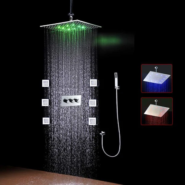 16" Ceiling Mounted Thermostatic Rainfall LED Shower System