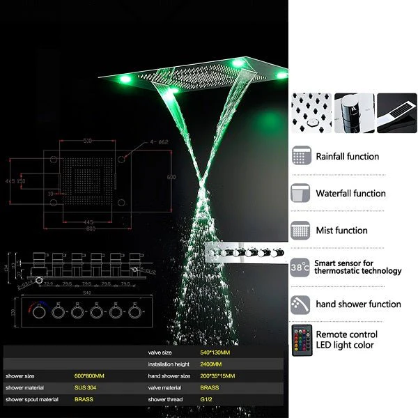 23"x31" Luxurious Classic Design Recessed LED Waterfall & Rain Shower System – 6 mode - Image 2