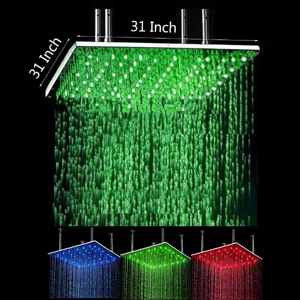 31" Square Ceiling Mount Rainfall LED Shower Head, include Shower Arm