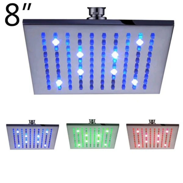 8" Square Rainfall LED Shower Head, include Shower Arm