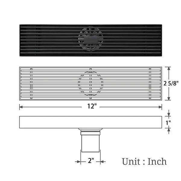 Cascada 12" Linear Drain Stainless Steel Floor Drain Rectangular Shower Drain - Matt Black - Image 6
