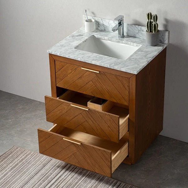 Cascada 30" Oak Bathroom Vanity with Carrara Marble Top - Image 3