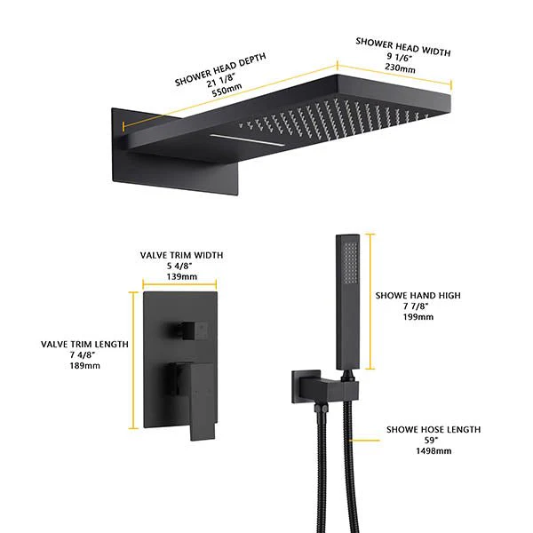 Cascada Amadora 9"x22" Wall-Mounted Rainfall & Waterfall Shower Set Matt Black - Image 6