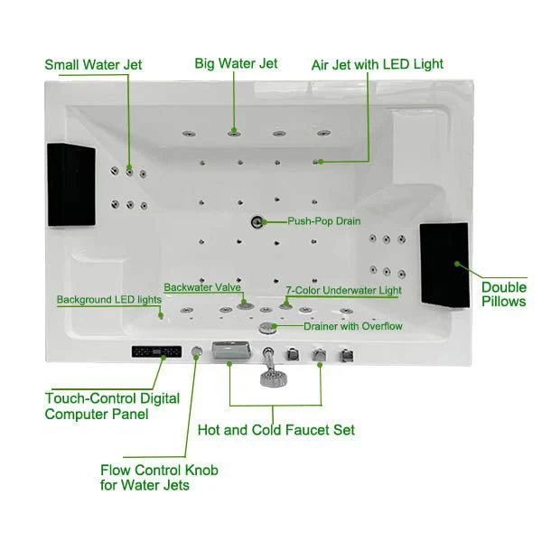 Cascada Bellagio 71" Acrylic Spa Tub Bubble Jet 2-Person Massage Bathtub - Image 6