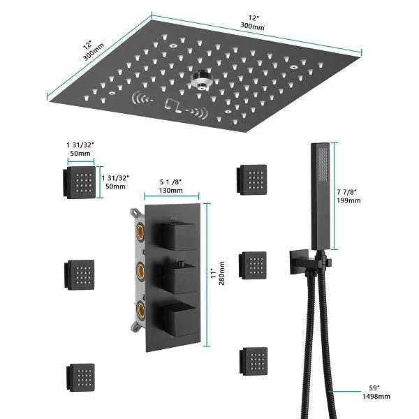 Cascada Royale 12" LED Bluetooth Shower System with Thermostatic Valve & 4 Spray Modes - Image 8
