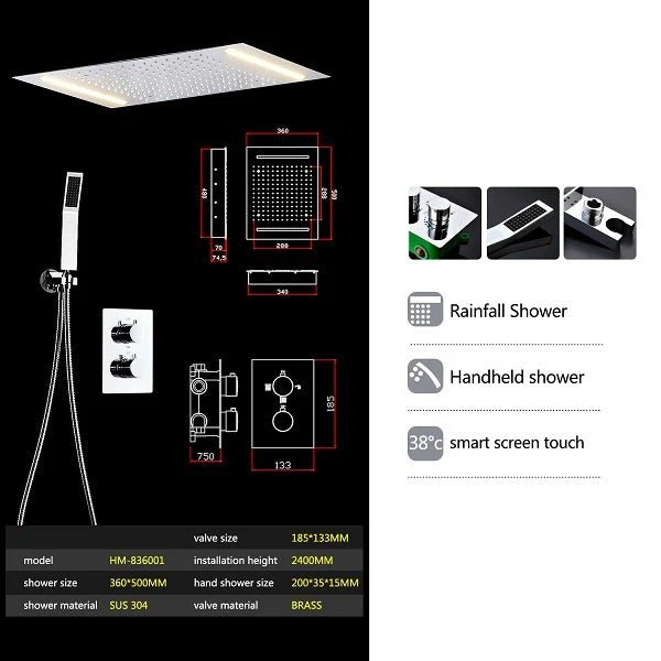 14"x20" White LED Shower Set with Dual Thermostatic Valve - Image 9