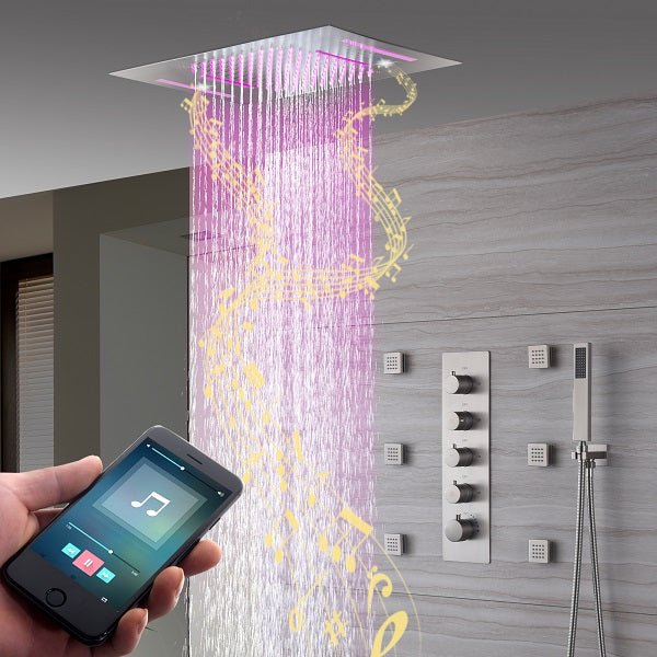 Cascada Serenity 15" x 23" Luxury LED Music Shower System with Bluetooth Speakers, 4-Function Rainfall, Waterfall, Body Jets - Image 2