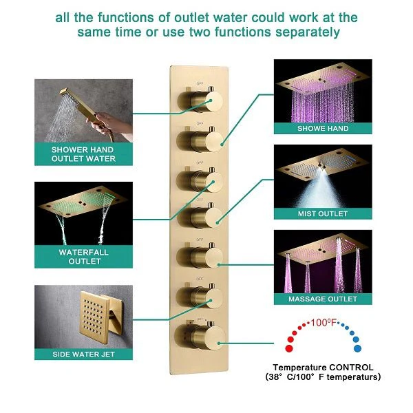 Cascada Pisa 16"x28" Brushed Gold Bluetooth LED Shower System - Image 3