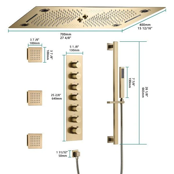 Cascada Pisa 16"x28" Brushed Gold Bluetooth LED Shower System - Image 5