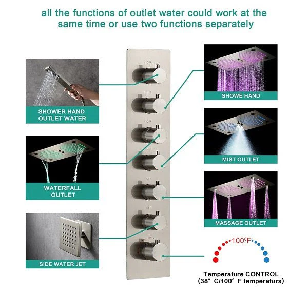 Cascada Pisa 16"x28" Brushed Nickel Bluetooth LED Shower System - Image 3