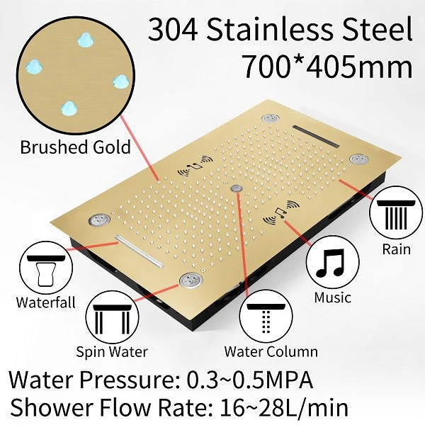 Cascada Rainbow 16"x28" Brushed Gold LED Bluetooth Shower System - Image 6