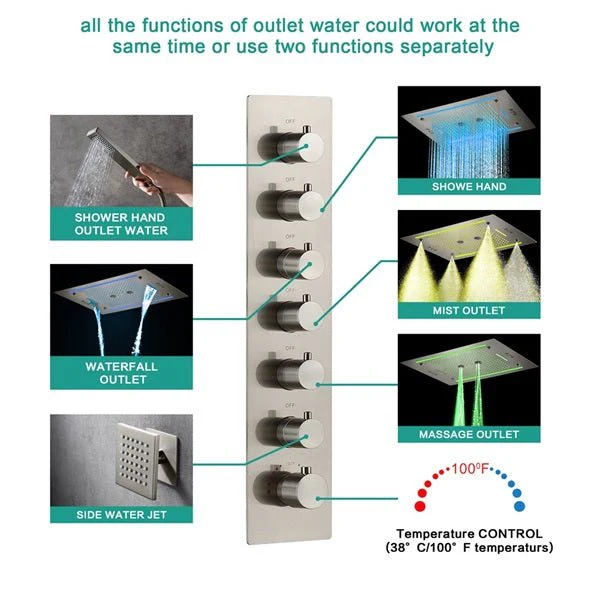 Cascada Venice 23"x31" Brushed Nickel Bluetooth LED Shower System - Image 3
