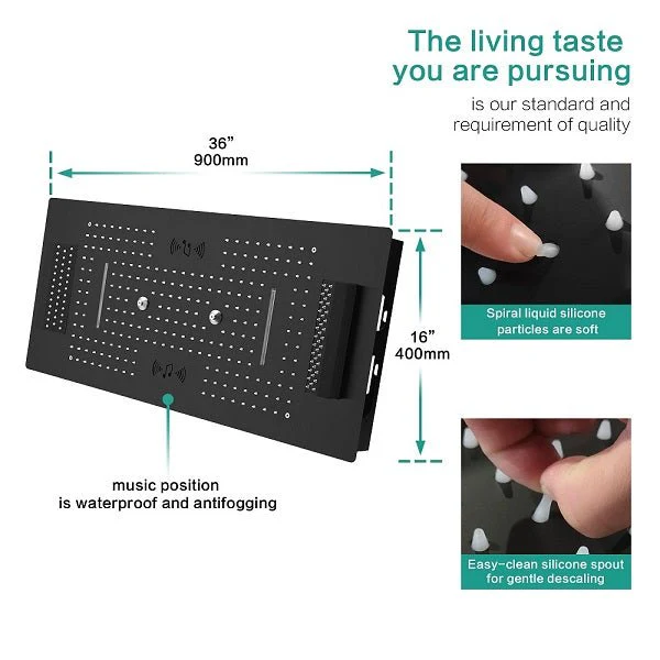 Cascada Verona 16"x36" Matte Black Bluetooth LED Showerhead - Image 4