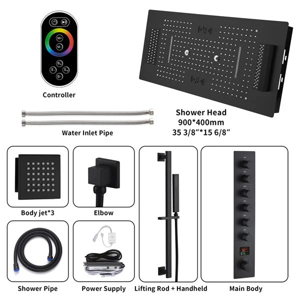 Cascada Verona 16"x36" Matte Black Music LED Digital Shower System - Image 5