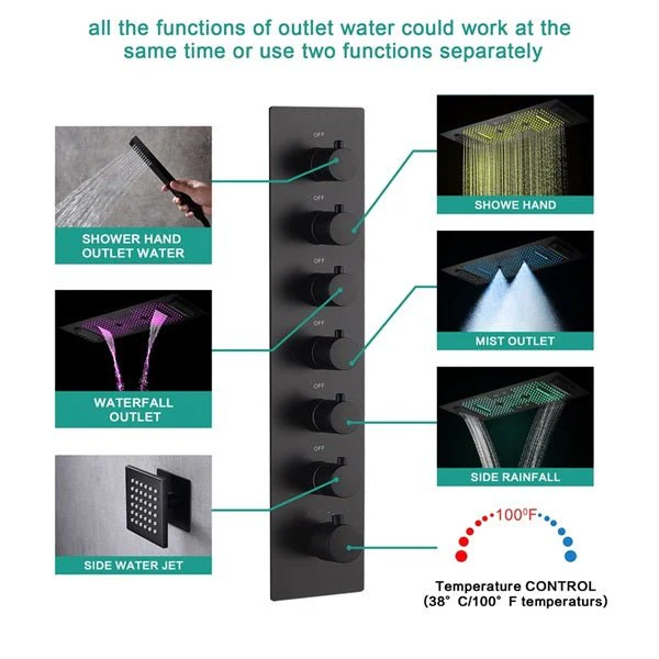 Cascada Verona 16"x36" Matte Black Music LED Shower System - Image 3