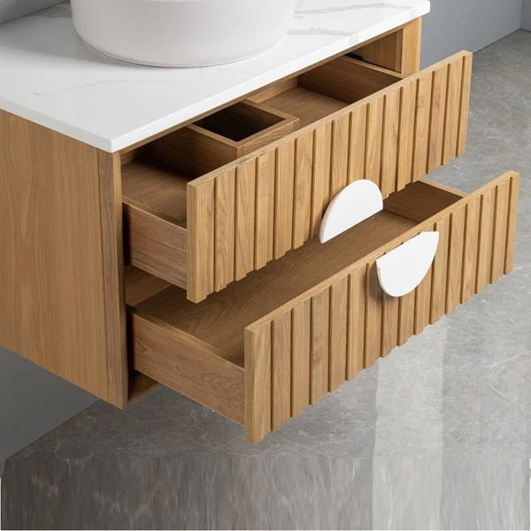 Cascada Wall Mount Floating Bathroom Vanity Oak with Marble Top Ceramic Vessel Sink - Image 3