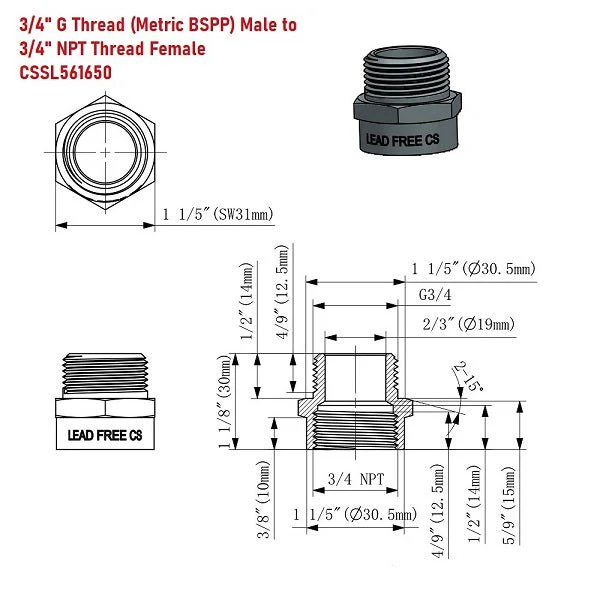 G Thread (British BSPP) Male to NPT Female Adapter - Lead Free (3/4" x 3/4") - Image 7