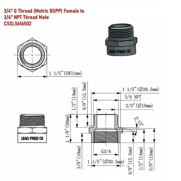 G Thread (British BSPP) Female to NPT Male Adapter - Lead Free (3/4" x 3/4") - Image 10
