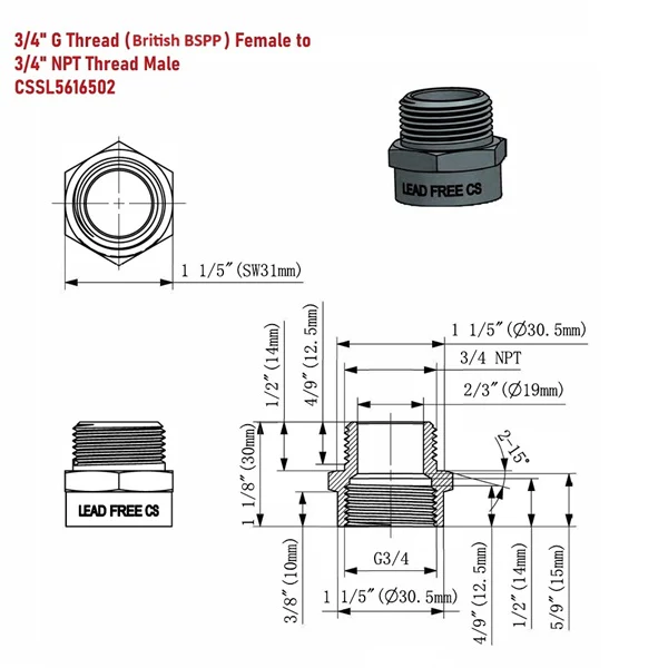 G Thread (British BSPP) Female to NPT Male Adapter - Lead Free (3/4" x 3/4") - Image 4