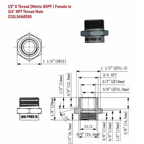 G Thread (British BSPP) Female to NPT Male Adapter - Lead Free (1/2" x 3/4") - Image 13