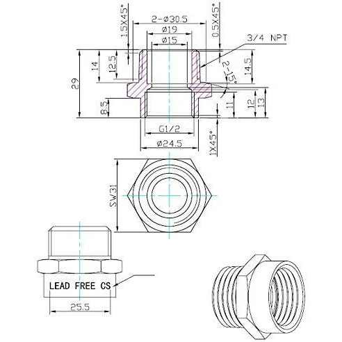 G Thread (British BSPP) Female to NPT Male Adapter - Lead Free (1/2" x 3/4") - Image 16