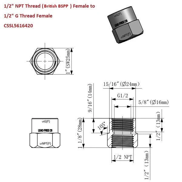 G Thread (British BSPP) Female to NPT Female Lead-Free Adapter (1/2" x 1/2") - Image 4