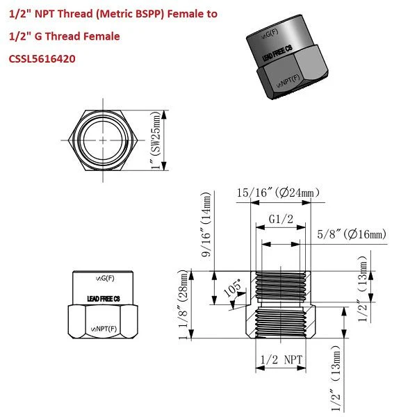 G Thread (British BSPP) Female to NPT Female Lead-Free Adapter (1/2" x 1/2") - Image 8