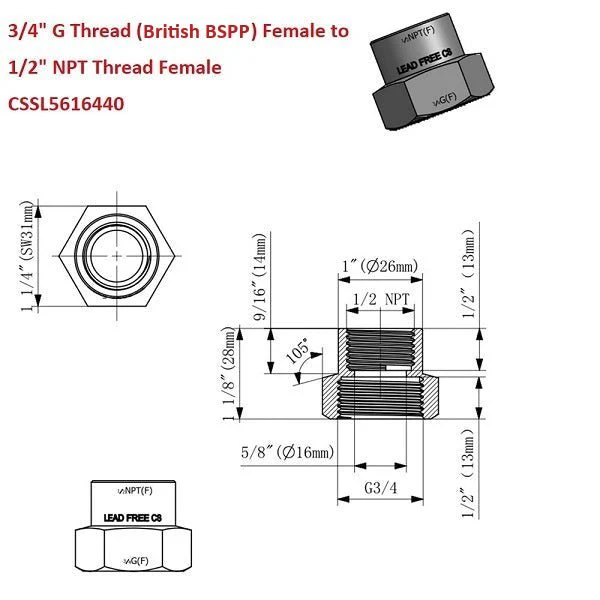 G Thread (British BSPP) Female to NPT Female Lead-Free Adapter (3/4" x 1/2") - Image 4