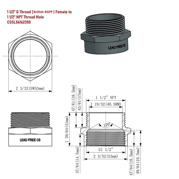 Lead-Free G Thread (British BSPP) Female to NPT Male Adapter (1 1/2" x 1 1/2") - Image 3