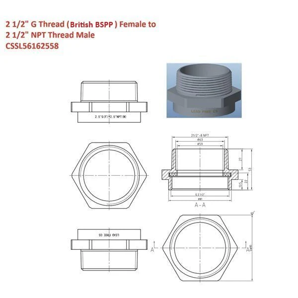 G Thread (British BSPP) Female to NPT Male Adapter - Lead Free (2 1/2" x 2 1/2") - Image 3