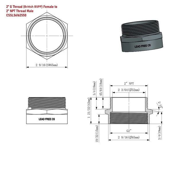 G Thread (British BSPP) Female to NPT Female Lead-Free Adapter (2" x 2") - Image 3