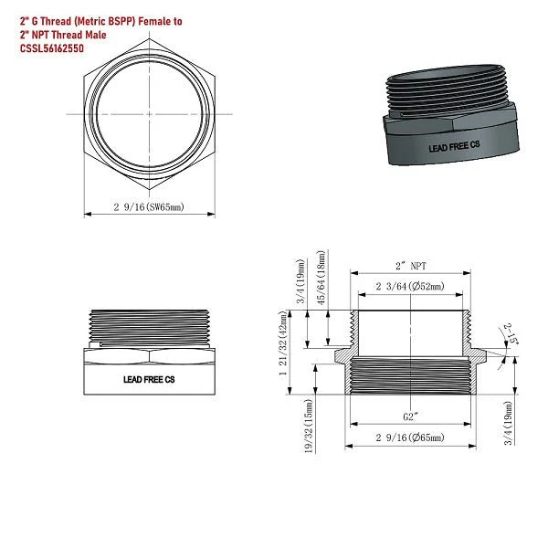 G Thread (British BSPP) Female to NPT Female Lead-Free Adapter (2" x 2") - Image 9