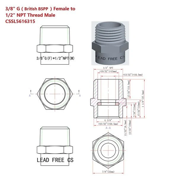 G Thread ( British BSPP) Female to NPT Male Adapter - Lead Free (3/8" x 1/2") - Image 3