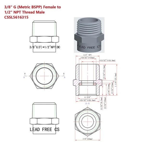 G Thread ( British BSPP) Female to NPT Male Adapter - Lead Free (3/8" x 1/2") - Image 7