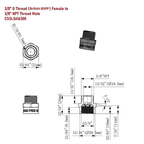 G Thread (British BSPP) Female to NPT Male Adapter - Lead Free (3/8" x 3/8") - Image 3