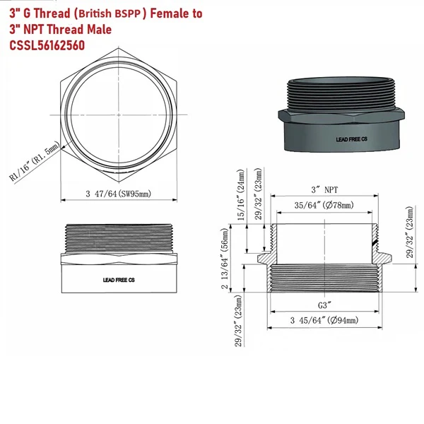Lead-Free 3" G Thread (British BSPP) Female to NPT Thread Male Pipe Fitting Adapter - Image 3