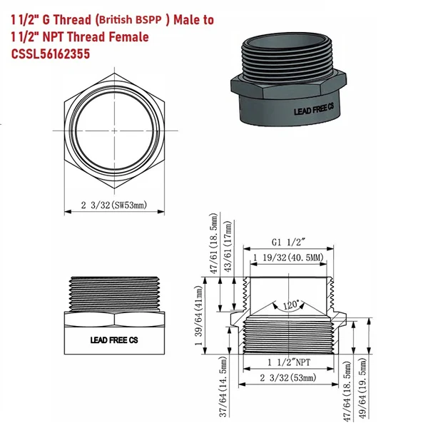 G Thread (British BSPP) Male to NPT Female Adapter - Lead-Free (1 1/2" x 1 1/2") - Image 2