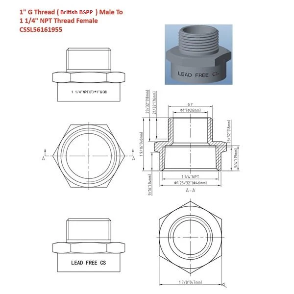 G Thread (British BSPP) Male to NPT Female Adapter - Lead Free (1" x 1 1/4") - Image 4