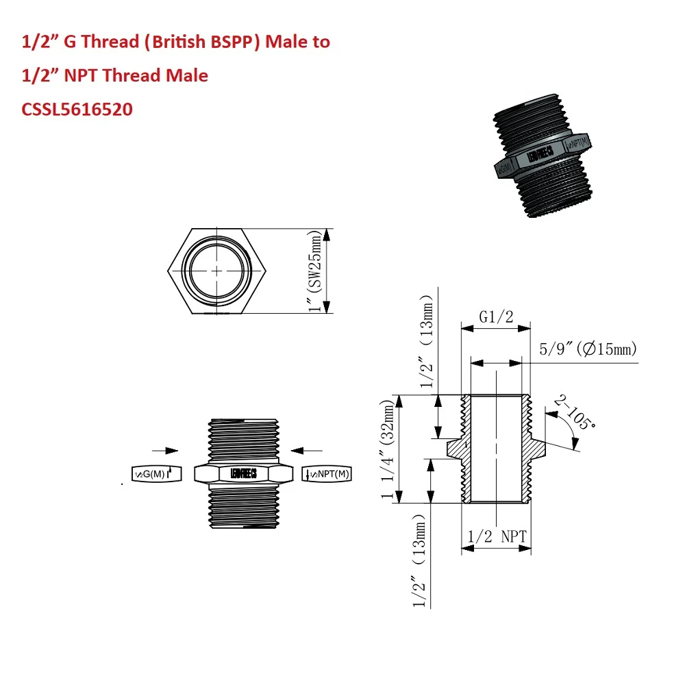 G Thread (British BSPP) Male to NPT Male Lead-Free Adapter (1/2" x 1/2") - Image 4