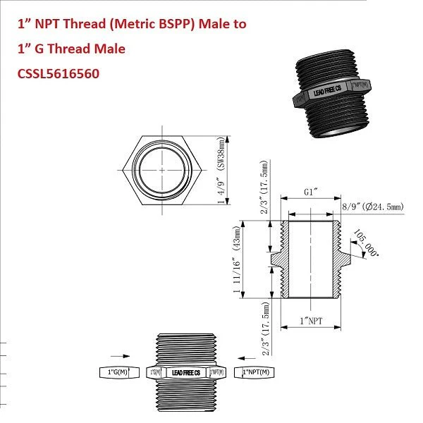 G Thread (British BSPP) Male to NPT Male Lead-Free Adapter (1" x 1") - Image 8