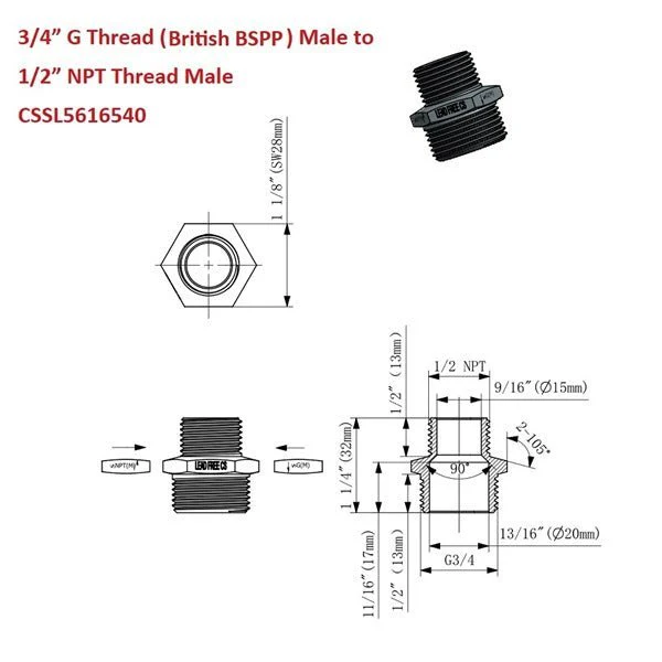 G Thread (British BSPP) Male to NPT Male Lead-Free Adapter (3/4" x 1/2") - Image 4