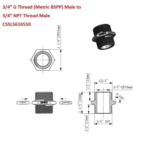 G Thread (British BSPP) Male to NPT Male Lead-Free Adapter (3/4" x 3/4") - Image 8