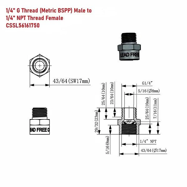 Lead-Free G Thread (British BSPP) Male to NPT Female Pipe Fitting Adapter - 1/4" - 3" - Image 2