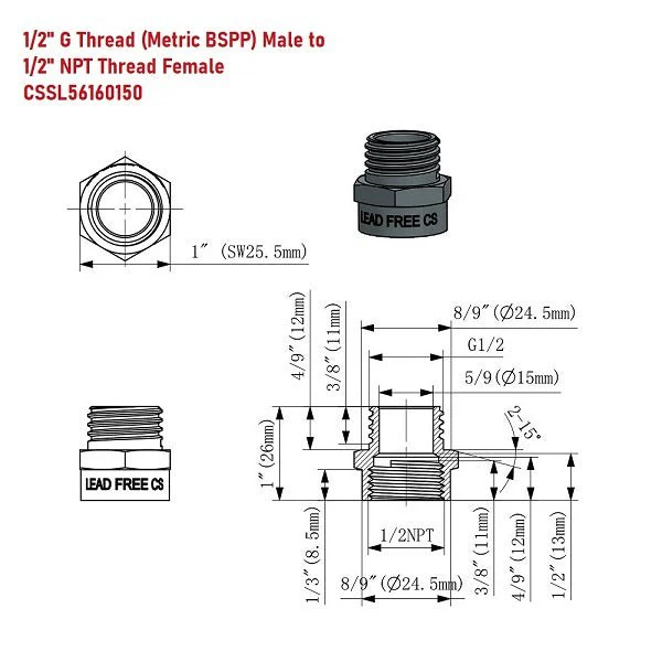 Lead-Free G Thread (British BSPP) Male to NPT Female Pipe Fitting Adapter - 1/4" - 3" - Image 4