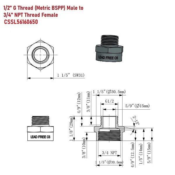 Lead-Free G Thread (British BSPP) Male to NPT Female Pipe Fitting Adapter - 1/4" - 3" - Image 5