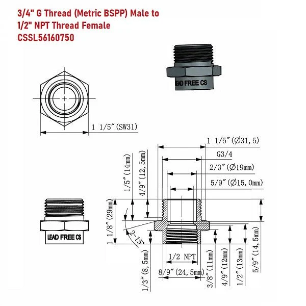 Lead-Free G Thread (British BSPP) Male to NPT Female Pipe Fitting Adapter - 1/4" - 3" - Image 6