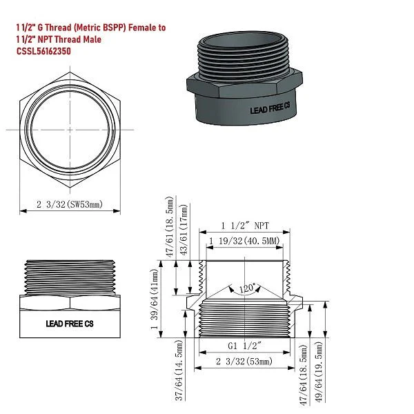 Lead-Free G Thread (British BSPP) Female to NPT Male Pipe Fitting Adapter - 1/4" - 4" - Image 11