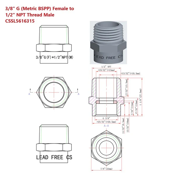 Lead-Free G Thread (British BSPP) Female to NPT Male Pipe Fitting Adapter - 1/4" - 4" - Image 4