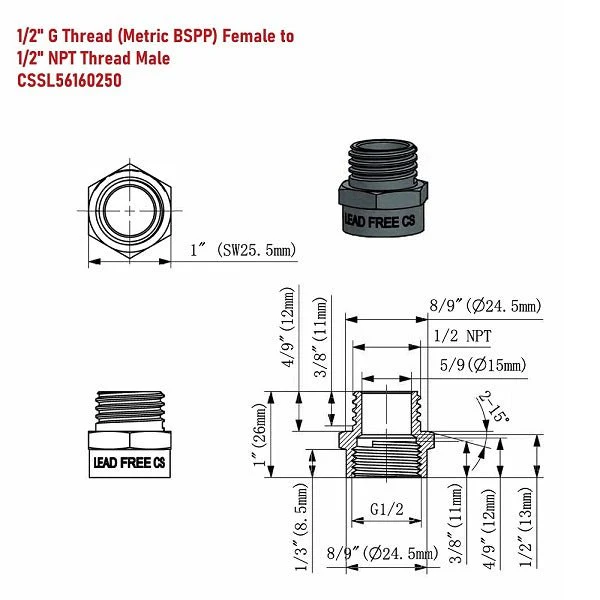 Lead-Free G Thread (British BSPP) Female to NPT Male Pipe Fitting Adapter - 1/4" - 4" - Image 5